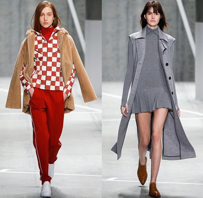 Lacoste 2015-2016 Fall Autumn Winter Womens Runway Catwalk Looks - Mercedes-Benz Fashion Week New York MBFW NYFW - Sporty Tennis Headband Coatdress Hanging Sleeve Pleats Racing Checks Stripes Outerwear Coat Jacket Colorblock Banded Strap Grid Turtleneck Sweater Jumper Miniskirt Skirt Frock Trackpants Jogger Dress Waistcoat Shirtdress Cardigan Asymmetrical Hem Half Skirt Wrap Knit Tracksuit