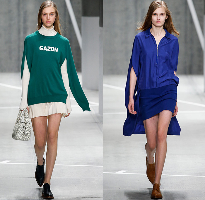 Lacoste 2015-2016 Fall Autumn Winter Womens Runway Catwalk Looks - Mercedes-Benz Fashion Week New York MBFW NYFW - Sporty Tennis Headband Coatdress Hanging Sleeve Pleats Racing Checks Stripes Outerwear Coat Jacket Colorblock Banded Strap Grid Turtleneck Sweater Jumper Miniskirt Skirt Frock Trackpants Jogger Dress Waistcoat Shirtdress Cardigan Asymmetrical Hem Half Skirt Wrap Knit Tracksuit