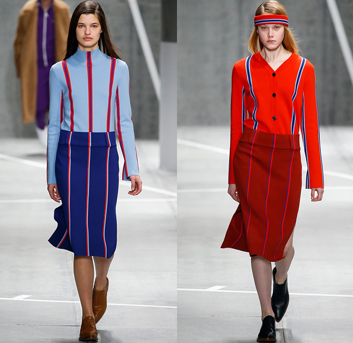 Lacoste 2015-2016 Fall Autumn Winter Womens Runway Catwalk Looks - Mercedes-Benz Fashion Week New York MBFW NYFW - Sporty Tennis Headband Coatdress Hanging Sleeve Pleats Racing Checks Stripes Outerwear Coat Jacket Colorblock Banded Strap Grid Turtleneck Sweater Jumper Miniskirt Skirt Frock Trackpants Jogger Dress Waistcoat Shirtdress Cardigan Asymmetrical Hem Half Skirt Wrap Knit Tracksuit