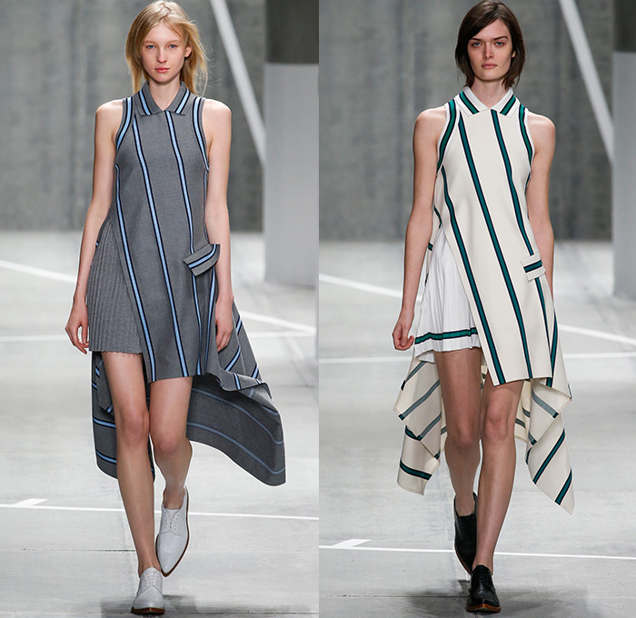 Lacoste 2015-2016 Fall Autumn Winter Womens Runway Catwalk Looks - Mercedes-Benz Fashion Week New York MBFW NYFW - Sporty Tennis Headband Coatdress Hanging Sleeve Pleats Racing Checks Stripes Outerwear Coat Jacket Colorblock Banded Strap Grid Turtleneck Sweater Jumper Miniskirt Skirt Frock Trackpants Jogger Dress Waistcoat Shirtdress Cardigan Asymmetrical Hem Half Skirt Wrap Knit Tracksuit