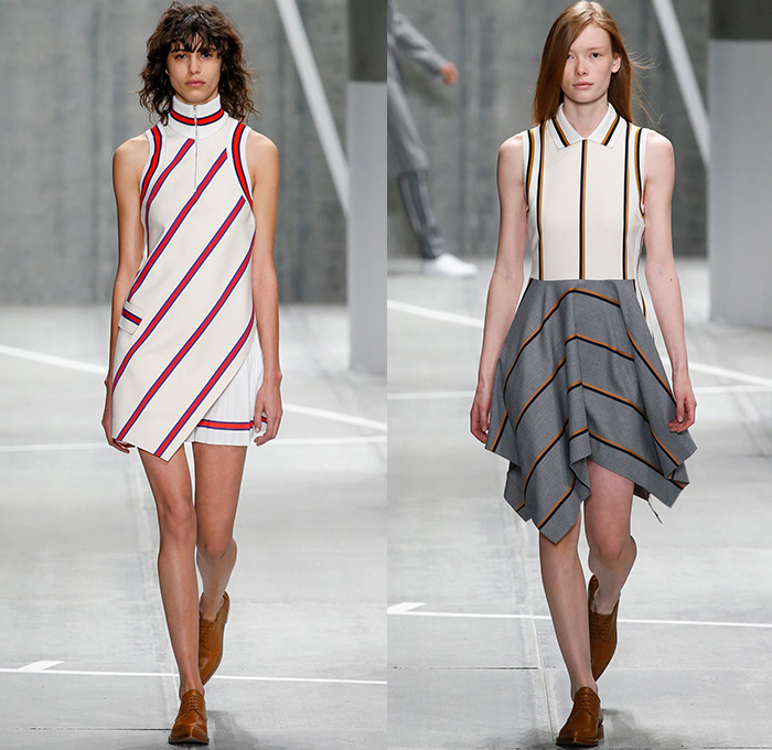 Lacoste 2015-2016 Fall Autumn Winter Womens Runway Catwalk Looks - Mercedes-Benz Fashion Week New York MBFW NYFW - Sporty Tennis Headband Coatdress Hanging Sleeve Pleats Racing Checks Stripes Outerwear Coat Jacket Colorblock Banded Strap Grid Turtleneck Sweater Jumper Miniskirt Skirt Frock Trackpants Jogger Dress Waistcoat Shirtdress Cardigan Asymmetrical Hem Half Skirt Wrap Knit Tracksuit