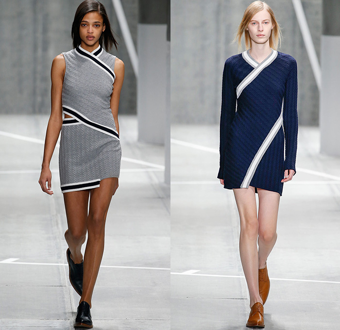 Lacoste 2015-2016 Fall Autumn Winter Womens Runway Catwalk Looks - Mercedes-Benz Fashion Week New York MBFW NYFW - Sporty Tennis Headband Coatdress Hanging Sleeve Pleats Racing Checks Stripes Outerwear Coat Jacket Colorblock Banded Strap Grid Turtleneck Sweater Jumper Miniskirt Skirt Frock Trackpants Jogger Dress Waistcoat Shirtdress Cardigan Asymmetrical Hem Half Skirt Wrap Knit Tracksuit