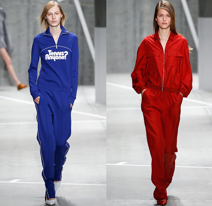 Lacoste 2015-2016 Fall Autumn Winter Womens Runway Catwalk Looks - Mercedes-Benz Fashion Week New York MBFW NYFW - Sporty Tennis Headband Coatdress Hanging Sleeve Pleats Racing Checks Stripes Outerwear Coat Jacket Colorblock Banded Strap Grid Turtleneck Sweater Jumper Miniskirt Skirt Frock Trackpants Jogger Dress Waistcoat Shirtdress Cardigan Asymmetrical Hem Half Skirt Wrap Knit Tracksuit