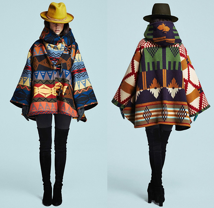 Lindsey Thornburg 2015-2016 Fall Autumn Winter Womens Lookbook Presentation - Poncho Cloak Tribal Scribbles Zigzag Ombre Pendleton Blanket Western Leggings Above The Knee Boots Ornamental Print Decorative Art Ethnic Animal Jungle Leopard Coat Gloves Knit Fleece Wool Robe Wrap Hoodie Hat