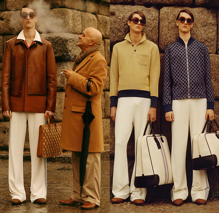 Loewe Madrid Spain 2015-2016 Fall Autumn Winter Mens Lookbook Presentation - Mode à Paris Fashion Week Mode Masculine France - Retro 1970s Seventies Wide Leg Flare Pants Shearling Oversized Trench Coat Blazer Abstract Prints Poncho Checks Briefcase Luggage Duffel Tote Crossbody Bag Bomber Jacket Sweater Jumper Ornamental Print Decorative Art Shawl Suit Hoodie 