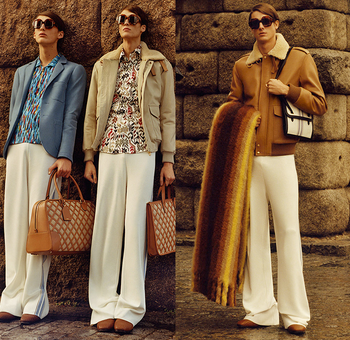 Loewe Madrid Spain 2015-2016 Fall Autumn Winter Mens Lookbook Presentation - Mode à Paris Fashion Week Mode Masculine France - Retro 1970s Seventies Wide Leg Flare Pants Shearling Oversized Trench Coat Blazer Abstract Prints Poncho Checks Briefcase Luggage Duffel Tote Crossbody Bag Bomber Jacket Sweater Jumper Ornamental Print Decorative Art Shawl Suit Hoodie 