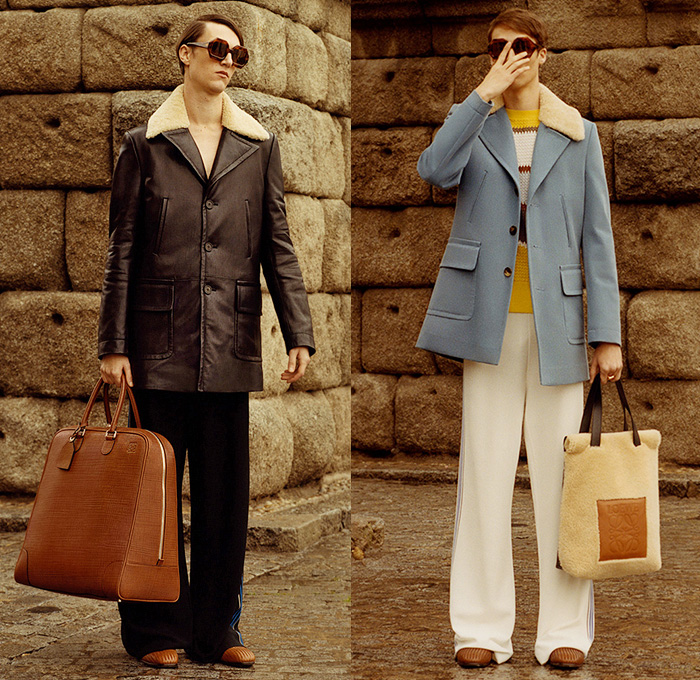 Loewe Madrid Spain 2015-2016 Fall Autumn Winter Mens Lookbook Presentation - Mode à Paris Fashion Week Mode Masculine France - Retro 1970s Seventies Wide Leg Flare Pants Shearling Oversized Trench Coat Blazer Abstract Prints Poncho Checks Briefcase Luggage Duffel Tote Crossbody Bag Bomber Jacket Sweater Jumper Ornamental Print Decorative Art Shawl Suit Hoodie 