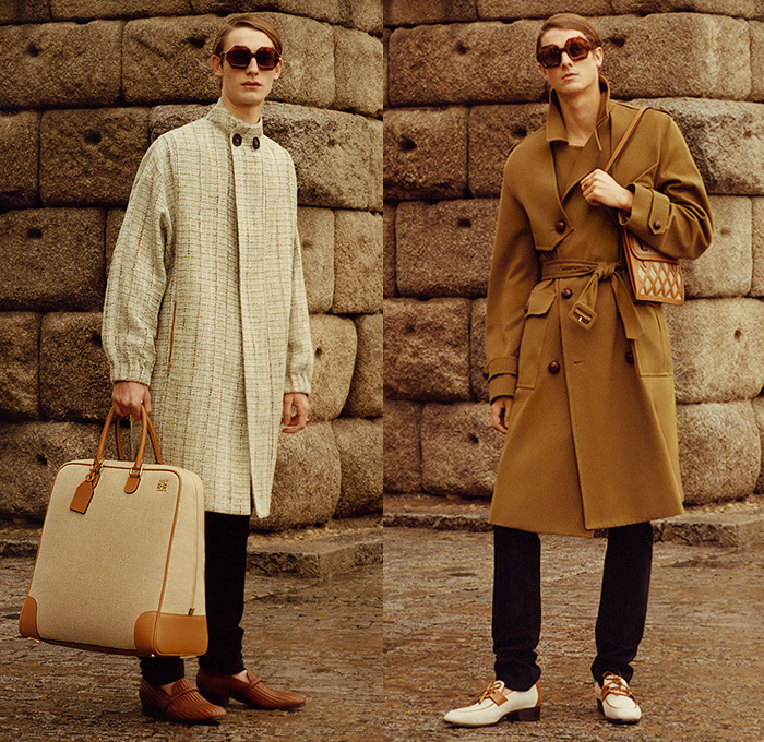 Loewe Madrid Spain 2015-2016 Fall Autumn Winter Mens Lookbook Presentation - Mode à Paris Fashion Week Mode Masculine France - Retro 1970s Seventies Wide Leg Flare Pants Shearling Oversized Trench Coat Blazer Abstract Prints Poncho Checks Briefcase Luggage Duffel Tote Crossbody Bag Bomber Jacket Sweater Jumper Ornamental Print Decorative Art Shawl Suit Hoodie 