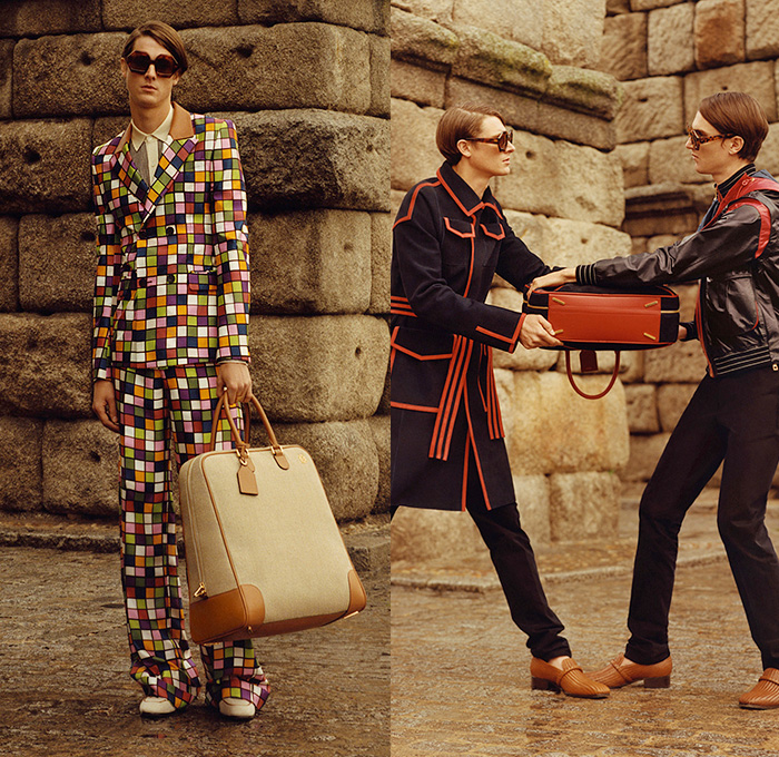 Loewe Madrid Spain 2015-2016 Fall Autumn Winter Mens Lookbook Presentation - Mode à Paris Fashion Week Mode Masculine France - Retro 1970s Seventies Wide Leg Flare Pants Shearling Oversized Trench Coat Blazer Abstract Prints Poncho Checks Briefcase Luggage Duffel Tote Crossbody Bag Bomber Jacket Sweater Jumper Ornamental Print Decorative Art Shawl Suit Hoodie 