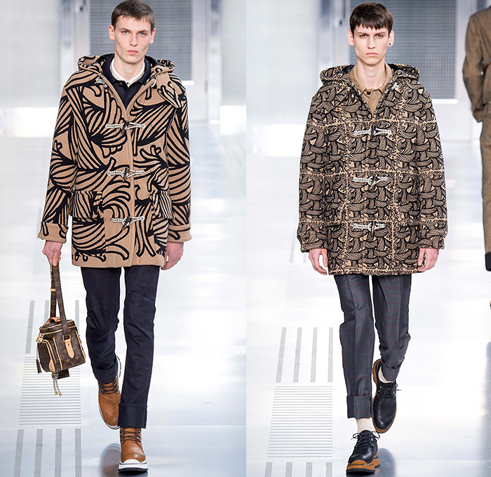 Louis Vuitton 2015-2016 Fall Autumn Winter Mens Runway Catwalk Looks - Mode à Paris Fashion Week Mode Masculine France - Jeans Cut Ropes Threads Buttons Safety Pin Keys Nautical Outerwear Coat Parka Windowpane Check Suit Turtleneck Crossbody Bags Wool Robe Luggage Engraved Embossed Flap Pockets Bomber Jacket Quilted Puffer Onesie Jumpsuit Boiler Suit Leather Briefcase