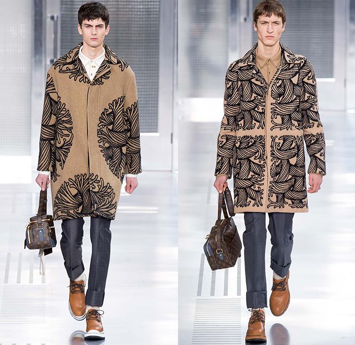 Louis Vuitton 2015-2016 Fall Autumn Winter Mens Runway Catwalk Looks - Mode à Paris Fashion Week Mode Masculine France - Jeans Cut Ropes Threads Buttons Safety Pin Keys Nautical Outerwear Coat Parka Windowpane Check Suit Turtleneck Crossbody Bags Wool Robe Luggage Engraved Embossed Flap Pockets Bomber Jacket Quilted Puffer Onesie Jumpsuit Boiler Suit Leather Briefcase