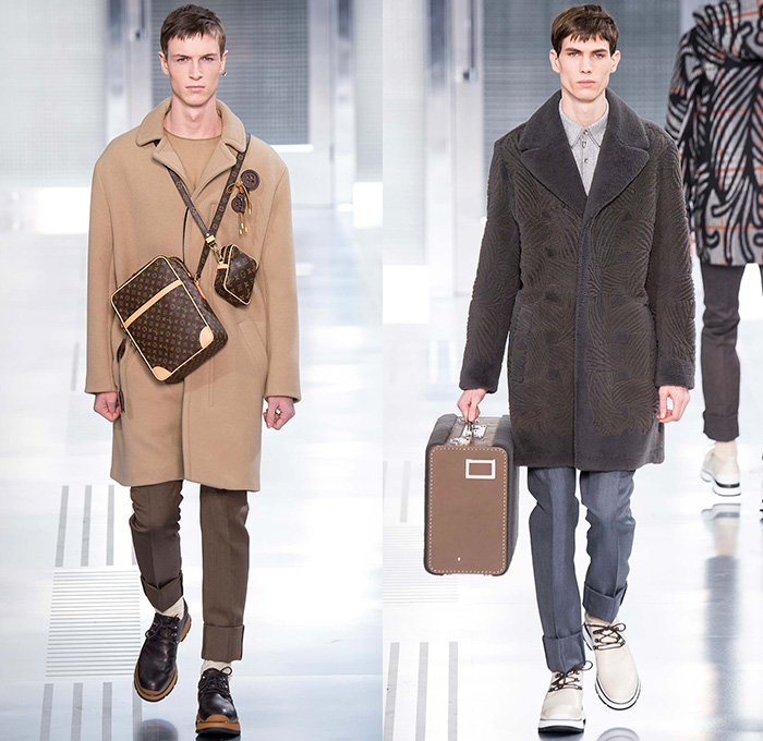 Louis Vuitton 2015-2016 Fall Autumn Winter Mens Runway Catwalk Looks - Mode à Paris Fashion Week Mode Masculine France - Jeans Cut Ropes Threads Buttons Safety Pin Keys Nautical Outerwear Coat Parka Windowpane Check Suit Turtleneck Crossbody Bags Wool Robe Luggage Engraved Embossed Flap Pockets Bomber Jacket Quilted Puffer Onesie Jumpsuit Boiler Suit Leather Briefcase