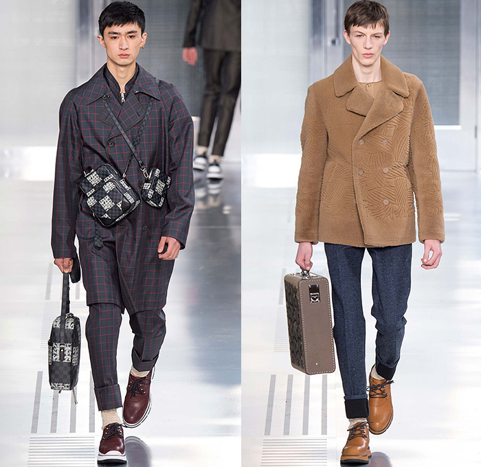 Louis Vuitton 2015-2016 Fall Autumn Winter Mens Runway Catwalk Looks - Mode à Paris Fashion Week Mode Masculine France - Jeans Cut Ropes Threads Buttons Safety Pin Keys Nautical Outerwear Coat Parka Windowpane Check Suit Turtleneck Crossbody Bags Wool Robe Luggage Engraved Embossed Flap Pockets Bomber Jacket Quilted Puffer Onesie Jumpsuit Boiler Suit Leather Briefcase