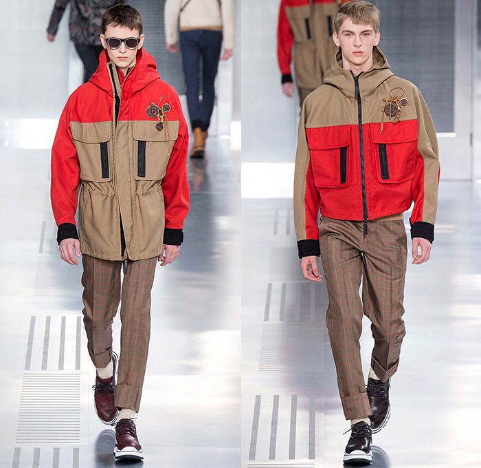 Louis Vuitton 2015-2016 Fall Autumn Winter Mens Runway Catwalk Looks - Mode à Paris Fashion Week Mode Masculine France - Jeans Cut Ropes Threads Buttons Safety Pin Keys Nautical Outerwear Coat Parka Windowpane Check Suit Turtleneck Crossbody Bags Wool Robe Luggage Engraved Embossed Flap Pockets Bomber Jacket Quilted Puffer Onesie Jumpsuit Boiler Suit Leather Briefcase