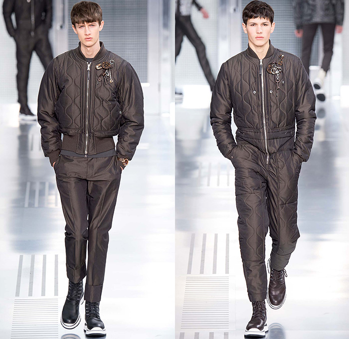 Louis Vuitton 2015-2016 Fall Autumn Winter Mens Runway Catwalk Looks - Mode à Paris Fashion Week Mode Masculine France - Jeans Cut Ropes Threads Buttons Safety Pin Keys Nautical Outerwear Coat Parka Windowpane Check Suit Turtleneck Crossbody Bags Wool Robe Luggage Engraved Embossed Flap Pockets Bomber Jacket Quilted Puffer Onesie Jumpsuit Boiler Suit Leather Briefcase