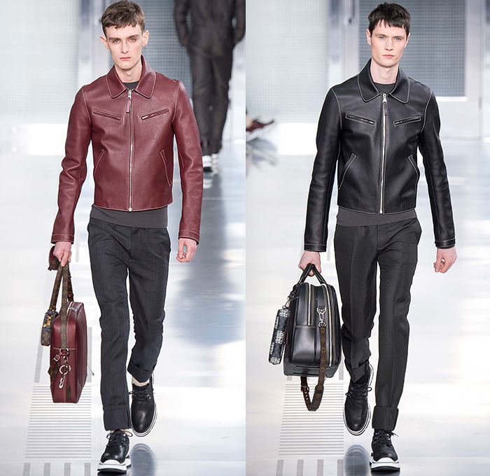 Louis Vuitton 2015-2016 Fall Autumn Winter Mens Runway Catwalk Looks - Mode à Paris Fashion Week Mode Masculine France - Jeans Cut Ropes Threads Buttons Safety Pin Keys Nautical Outerwear Coat Parka Windowpane Check Suit Turtleneck Crossbody Bags Wool Robe Luggage Engraved Embossed Flap Pockets Bomber Jacket Quilted Puffer Onesie Jumpsuit Boiler Suit Leather Briefcase