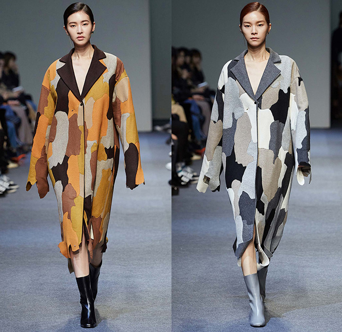 Low Classic by Lee Myung Sin 2015-2016 Fall Autumn Winter Womens Runway Catwalk Looks - Seoul Fashion Week South Korea - Patchwork Cow Camouflage Pattern Print Coatdress Fringes Chunky Knit Sweater Jumper Wide Leg Trousers Palazzo Pants Outerwear Coat Jacket Skirt Frock Stitched Edges Blouse Embroidery Landscape Raw Hem Frayed Mummy Wrap Tiered Petals Perforated Cutout Waist Hoodie Sweaterdress