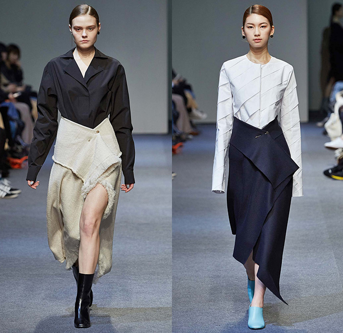 Low Classic by Lee Myung Sin 2015-2016 Fall Autumn Winter Womens Runway Catwalk Looks - Seoul Fashion Week South Korea - Patchwork Cow Camouflage Pattern Print Coatdress Fringes Chunky Knit Sweater Jumper Wide Leg Trousers Palazzo Pants Outerwear Coat Jacket Skirt Frock Stitched Edges Blouse Embroidery Landscape Raw Hem Frayed Mummy Wrap Tiered Petals Perforated Cutout Waist Hoodie Sweaterdress