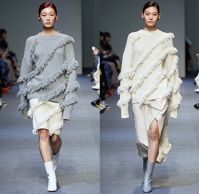 Low Classic by Lee Myung Sin 2015-2016 Fall Autumn Winter Womens Runway Catwalk Looks - Seoul Fashion Week South Korea - Patchwork Cow Camouflage Pattern Print Coatdress Fringes Chunky Knit Sweater Jumper Wide Leg Trousers Palazzo Pants Outerwear Coat Jacket Skirt Frock Stitched Edges Blouse Embroidery Landscape Raw Hem Frayed Mummy Wrap Tiered Petals Perforated Cutout Waist Hoodie Sweaterdress