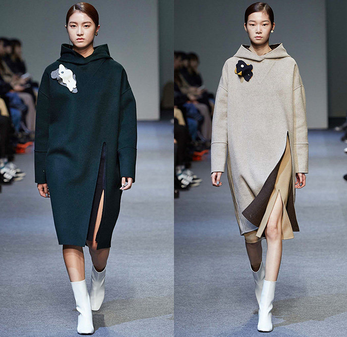 Low Classic by Lee Myung Sin 2015-2016 Fall Autumn Winter Womens Runway Catwalk Looks - Seoul Fashion Week South Korea - Patchwork Cow Camouflage Pattern Print Coatdress Fringes Chunky Knit Sweater Jumper Wide Leg Trousers Palazzo Pants Outerwear Coat Jacket Skirt Frock Stitched Edges Blouse Embroidery Landscape Raw Hem Frayed Mummy Wrap Tiered Petals Perforated Cutout Waist Hoodie Sweaterdress