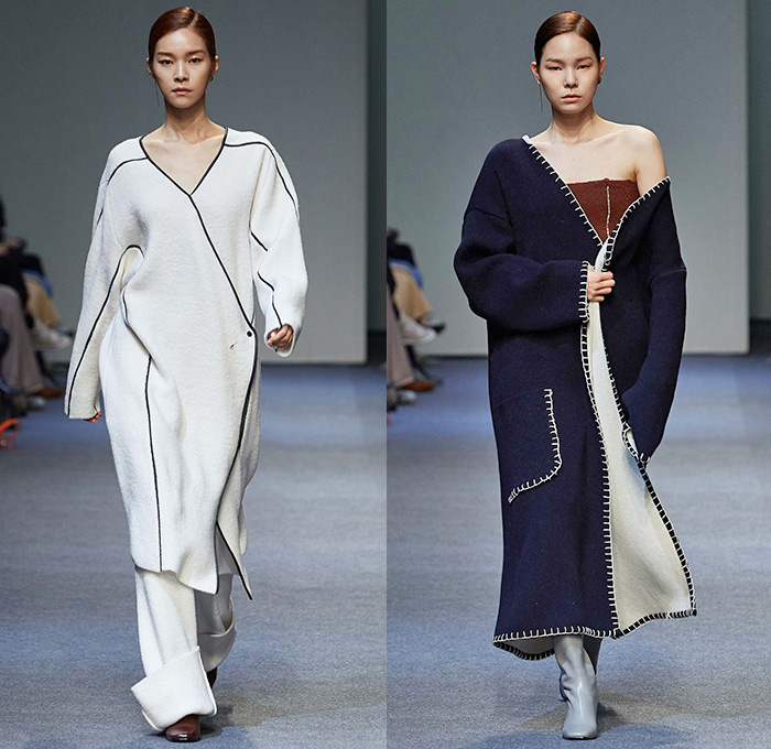 Low Classic by Lee Myung Sin 2015-2016 Fall Autumn Winter Womens Runway Catwalk Looks - Seoul Fashion Week South Korea - Patchwork Cow Camouflage Pattern Print Coatdress Fringes Chunky Knit Sweater Jumper Wide Leg Trousers Palazzo Pants Outerwear Coat Jacket Skirt Frock Stitched Edges Blouse Embroidery Landscape Raw Hem Frayed Mummy Wrap Tiered Petals Perforated Cutout Waist Hoodie Sweaterdress