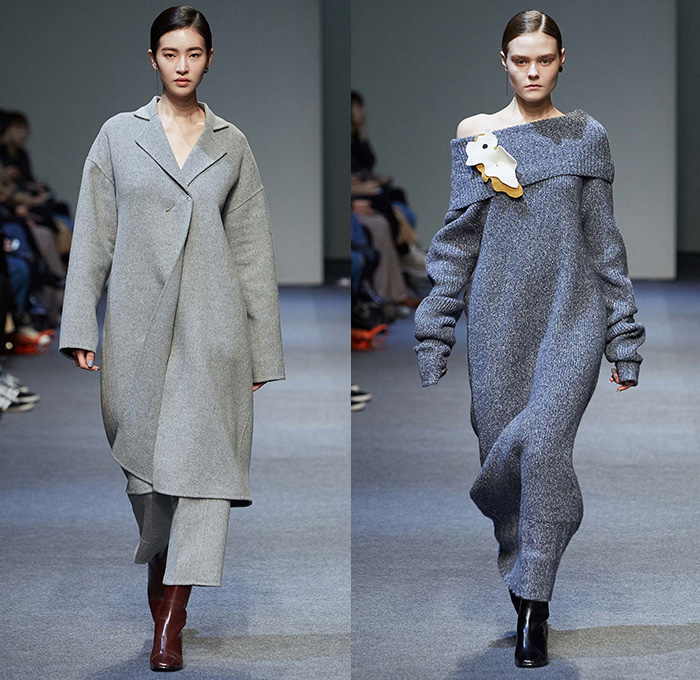 Low Classic by Lee Myung Sin 2015-2016 Fall Autumn Winter Womens Runway Catwalk Looks - Seoul Fashion Week South Korea - Patchwork Cow Camouflage Pattern Print Coatdress Fringes Chunky Knit Sweater Jumper Wide Leg Trousers Palazzo Pants Outerwear Coat Jacket Skirt Frock Stitched Edges Blouse Embroidery Landscape Raw Hem Frayed Mummy Wrap Tiered Petals Perforated Cutout Waist Hoodie Sweaterdress