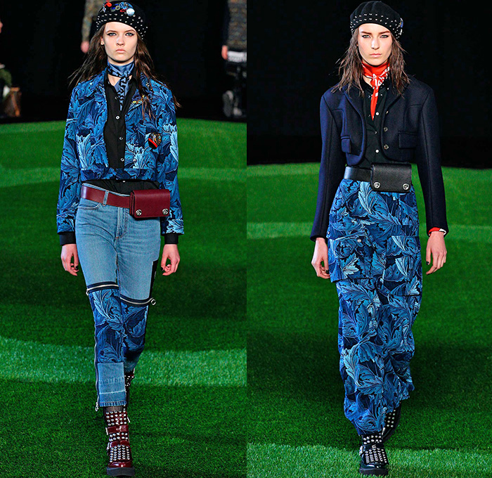 Marc by Marc Jacobs 2015-2016 Fall Autumn Winter Womens Runway Catwalk Looks - New York Fashion Week NYFW - Suffragette Solidarity Unite Leaves Foliage Denim Jeans Cargo Pockets Pants Utilitarian Fanny Pack Waist Pouch Zipper Scarf Plaid Tartan Bell Skirt Frock Lace Blouse Metallic Studs Jacket Leggings Beanie Knit Cap Maxi Dress Boots Straps Petal Hem Ruffles Sheer Chiffon Tulle