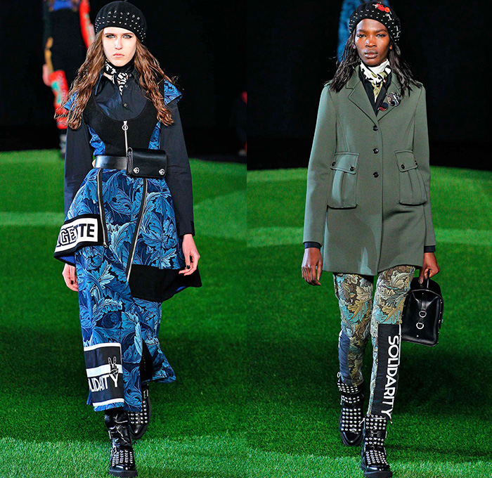 Marc by Marc Jacobs 2015-2016 Fall Autumn Winter Womens Runway Catwalk Looks - New York Fashion Week NYFW - Suffragette Solidarity Unite Leaves Foliage Denim Jeans Cargo Pockets Pants Utilitarian Fanny Pack Waist Pouch Zipper Scarf Plaid Tartan Bell Skirt Frock Lace Blouse Metallic Studs Jacket Leggings Beanie Knit Cap Maxi Dress Boots Straps Petal Hem Ruffles Sheer Chiffon Tulle