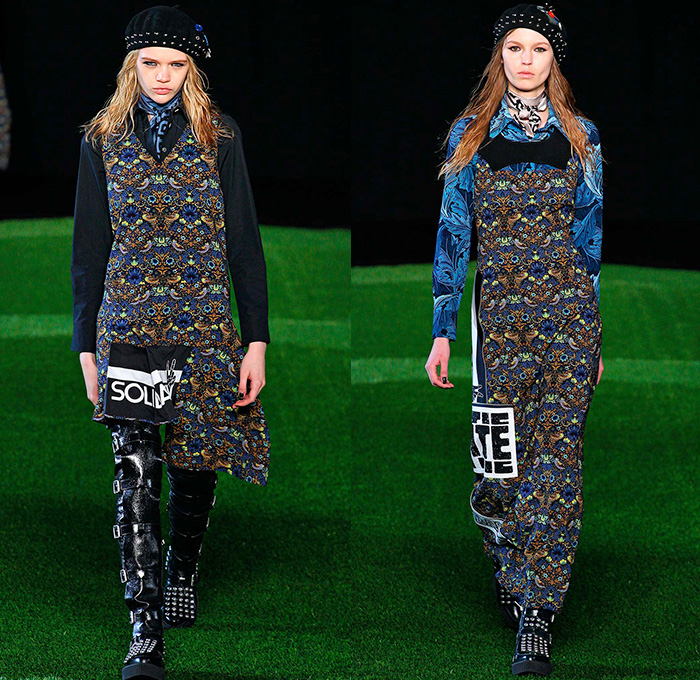 Marc by Marc Jacobs 2015-2016 Fall Autumn Winter Womens Runway Catwalk Looks - New York Fashion Week NYFW - Suffragette Solidarity Unite Leaves Foliage Denim Jeans Cargo Pockets Pants Utilitarian Fanny Pack Waist Pouch Zipper Scarf Plaid Tartan Bell Skirt Frock Lace Blouse Metallic Studs Jacket Leggings Beanie Knit Cap Maxi Dress Boots Straps Petal Hem Ruffles Sheer Chiffon Tulle