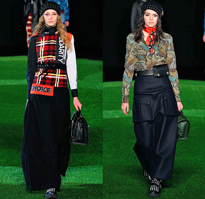 Marc by Marc Jacobs 2015-2016 Fall Autumn Winter Womens Runway Catwalk Looks - New York Fashion Week NYFW - Suffragette Solidarity Unite Leaves Foliage Denim Jeans Cargo Pockets Pants Utilitarian Fanny Pack Waist Pouch Zipper Scarf Plaid Tartan Bell Skirt Frock Lace Blouse Metallic Studs Jacket Leggings Beanie Knit Cap Maxi Dress Boots Straps Petal Hem Ruffles Sheer Chiffon Tulle