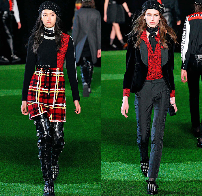 Marc by Marc Jacobs 2015-2016 Fall Autumn Winter Womens Runway Catwalk Looks - New York Fashion Week NYFW - Suffragette Solidarity Unite Leaves Foliage Denim Jeans Cargo Pockets Pants Utilitarian Fanny Pack Waist Pouch Zipper Scarf Plaid Tartan Bell Skirt Frock Lace Blouse Metallic Studs Jacket Leggings Beanie Knit Cap Maxi Dress Boots Straps Petal Hem Ruffles Sheer Chiffon Tulle