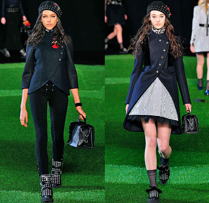 Marc by Marc Jacobs 2015-2016 Fall Autumn Winter Womens Runway Catwalk Looks - New York Fashion Week NYFW - Suffragette Solidarity Unite Leaves Foliage Denim Jeans Cargo Pockets Pants Utilitarian Fanny Pack Waist Pouch Zipper Scarf Plaid Tartan Bell Skirt Frock Lace Blouse Metallic Studs Jacket Leggings Beanie Knit Cap Maxi Dress Boots Straps Petal Hem Ruffles Sheer Chiffon Tulle