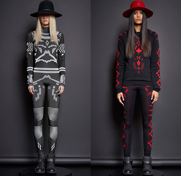 Marcelo Burlon County of Milan 2015-2016 Fall Autumn Winter Womens Lookbook Presentation - Milano Moda Donna Collezione Fashion Week Italy - Motorcycle Biker Leather Racer Emblems Patches Embroidery Tribal Chunky Knit Sweater Poncho Roses Outerwear Parka Sporty Quilted Puffer Bomber Jacket Skirt Frock Pleats Skinny Leggings Turtleneck Boots Metallic Silver Jogger Sweatpants Jumpsuit Overalls Knee Panels