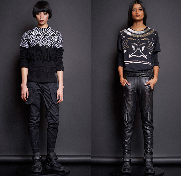 Marcelo Burlon County of Milan 2015-2016 Fall Autumn Winter Womens Lookbook Presentation - Milano Moda Donna Collezione Fashion Week Italy - Motorcycle Biker Leather Racer Emblems Patches Embroidery Tribal Chunky Knit Sweater Poncho Roses Outerwear Parka Sporty Quilted Puffer Bomber Jacket Skirt Frock Pleats Skinny Leggings Turtleneck Boots Metallic Silver Jogger Sweatpants Jumpsuit Overalls Knee Panels