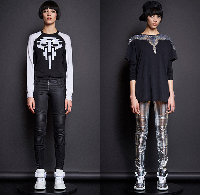 Marcelo Burlon County of Milan 2015-2016 Fall Autumn Winter Womens Lookbook Presentation - Milano Moda Donna Collezione Fashion Week Italy - Motorcycle Biker Leather Racer Emblems Patches Embroidery Tribal Chunky Knit Sweater Poncho Roses Outerwear Parka Sporty Quilted Puffer Bomber Jacket Skirt Frock Pleats Skinny Leggings Turtleneck Boots Metallic Silver Jogger Sweatpants Jumpsuit Overalls Knee Panels