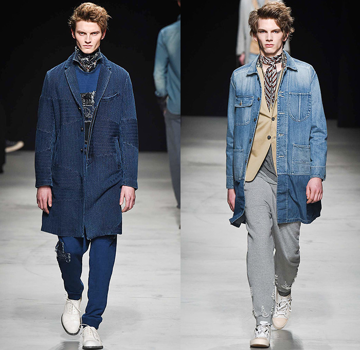 MIHARAYASUHIRO 2015-2016 Fall Autumn Winter Mens Runway Catwalk Looks - Mode à Paris Fashion Week Mode Masculine France - Patchwork Frayed Denim Jeans Outerwear Nautical Coat Parka Jogger Sweatpants Cardigan Layers Slouchy Scarf Knit Weave Blazer Sportcoat Multi-Panel Hoodie Quilted Brogues Bag Sweater Jumper Chunky Plaid Thigh Panel Hat Bomber Jacket Double Pants Trousers Suspenders Shawl