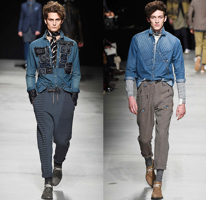 MIHARAYASUHIRO 2015-2016 Fall Autumn Winter Mens Runway Catwalk Looks - Mode à Paris Fashion Week Mode Masculine France - Patchwork Frayed Denim Jeans Outerwear Nautical Coat Parka Jogger Sweatpants Cardigan Layers Slouchy Scarf Knit Weave Blazer Sportcoat Multi-Panel Hoodie Quilted Brogues Bag Sweater Jumper Chunky Plaid Thigh Panel Hat Bomber Jacket Double Pants Trousers Suspenders Shawl