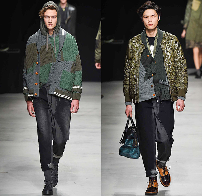 MIHARAYASUHIRO 2015-2016 Fall Autumn Winter Mens Runway Catwalk Looks - Mode à Paris Fashion Week Mode Masculine France - Patchwork Frayed Denim Jeans Outerwear Nautical Coat Parka Jogger Sweatpants Cardigan Layers Slouchy Scarf Knit Weave Blazer Sportcoat Multi-Panel Hoodie Quilted Brogues Bag Sweater Jumper Chunky Plaid Thigh Panel Hat Bomber Jacket Double Pants Trousers Suspenders Shawl