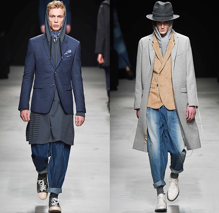 MIHARAYASUHIRO 2015-2016 Fall Autumn Winter Mens Runway Catwalk Looks - Mode à Paris Fashion Week Mode Masculine France - Patchwork Frayed Denim Jeans Outerwear Nautical Coat Parka Jogger Sweatpants Cardigan Layers Slouchy Scarf Knit Weave Blazer Sportcoat Multi-Panel Hoodie Quilted Brogues Bag Sweater Jumper Chunky Plaid Thigh Panel Hat Bomber Jacket Double Pants Trousers Suspenders Shawl