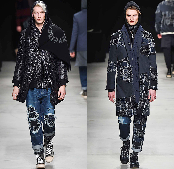 MIHARAYASUHIRO 2015-2016 Fall Autumn Winter Mens Runway Catwalk Looks - Mode à Paris Fashion Week Mode Masculine France - Patchwork Frayed Denim Jeans Outerwear Nautical Coat Parka Jogger Sweatpants Cardigan Layers Slouchy Scarf Knit Weave Blazer Sportcoat Multi-Panel Hoodie Quilted Brogues Bag Sweater Jumper Chunky Plaid Thigh Panel Hat Bomber Jacket Double Pants Trousers Suspenders Shawl