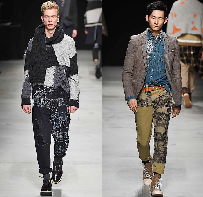 MIHARAYASUHIRO 2015-2016 Fall Autumn Winter Mens Runway Catwalk Looks - Mode à Paris Fashion Week Mode Masculine France - Patchwork Frayed Denim Jeans Outerwear Nautical Coat Parka Jogger Sweatpants Cardigan Layers Slouchy Scarf Knit Weave Blazer Sportcoat Multi-Panel Hoodie Quilted Brogues Bag Sweater Jumper Chunky Plaid Thigh Panel Hat Bomber Jacket Double Pants Trousers Suspenders Shawl