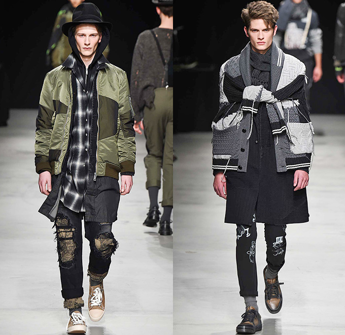 MIHARAYASUHIRO 2015-2016 Fall Autumn Winter Mens Runway Catwalk Looks - Mode à Paris Fashion Week Mode Masculine France - Patchwork Frayed Denim Jeans Outerwear Nautical Coat Parka Jogger Sweatpants Cardigan Layers Slouchy Scarf Knit Weave Blazer Sportcoat Multi-Panel Hoodie Quilted Brogues Bag Sweater Jumper Chunky Plaid Thigh Panel Hat Bomber Jacket Double Pants Trousers Suspenders Shawl