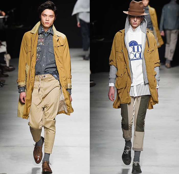 MIHARAYASUHIRO 2015-2016 Fall Autumn Winter Mens Runway Catwalk Looks - Mode à Paris Fashion Week Mode Masculine France - Patchwork Frayed Denim Jeans Outerwear Nautical Coat Parka Jogger Sweatpants Cardigan Layers Slouchy Scarf Knit Weave Blazer Sportcoat Multi-Panel Hoodie Quilted Brogues Bag Sweater Jumper Chunky Plaid Thigh Panel Hat Bomber Jacket Double Pants Trousers Suspenders Shawl