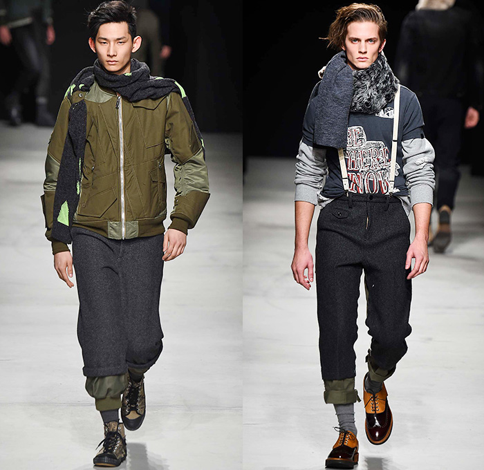 MIHARAYASUHIRO 2015-2016 Fall Autumn Winter Mens Runway Catwalk Looks - Mode à Paris Fashion Week Mode Masculine France - Patchwork Frayed Denim Jeans Outerwear Nautical Coat Parka Jogger Sweatpants Cardigan Layers Slouchy Scarf Knit Weave Blazer Sportcoat Multi-Panel Hoodie Quilted Brogues Bag Sweater Jumper Chunky Plaid Thigh Panel Hat Bomber Jacket Double Pants Trousers Suspenders Shawl