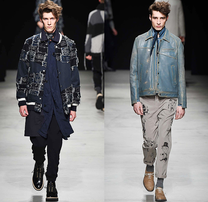 MIHARAYASUHIRO 2015-2016 Fall Autumn Winter Mens Runway Catwalk Looks - Mode à Paris Fashion Week Mode Masculine France - Patchwork Frayed Denim Jeans Outerwear Nautical Coat Parka Jogger Sweatpants Cardigan Layers Slouchy Scarf Knit Weave Blazer Sportcoat Multi-Panel Hoodie Quilted Brogues Bag Sweater Jumper Chunky Plaid Thigh Panel Hat Bomber Jacket Double Pants Trousers Suspenders Shawl