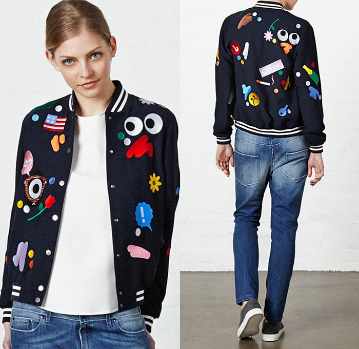 Mira Mikati 2015-2016 Fall Autumn Winter Womens Lookbook Presentation - Denim Jeans Pop Art Embroidery Patches Cartoon Flowers Drawstring Bomber Jacket Eyes Flag Sneakers Cartoon Faces Outerwear Coat Blazer Knit Sweater Jumper Turtleneck Clip Art Grid Windowpane Check Ice Cream Joystick Hearts Pantsuit Flowers Florals Botanical Print Graphic Pattern Skirt Frock Shirt Dress Stripes Pixels Laugh Leather