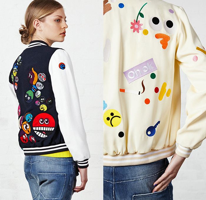 Mira Mikati 2015-2016 Fall Autumn Winter Womens Lookbook Presentation - Denim Jeans Pop Art Embroidery Patches Cartoon Flowers Drawstring Bomber Jacket Eyes Flag Sneakers Cartoon Faces Outerwear Coat Blazer Knit Sweater Jumper Turtleneck Clip Art Grid Windowpane Check Ice Cream Joystick Hearts Pantsuit Flowers Florals Botanical Print Graphic Pattern Skirt Frock Shirt Dress Stripes Pixels Laugh Leather