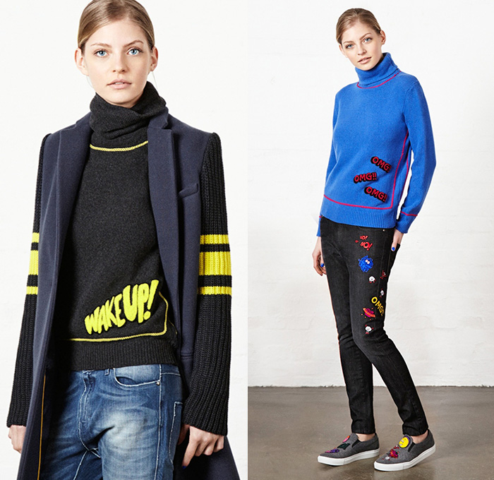 Mira Mikati 2015-2016 Fall Autumn Winter Womens Lookbook Presentation - Denim Jeans Pop Art Embroidery Patches Cartoon Flowers Drawstring Bomber Jacket Eyes Flag Sneakers Cartoon Faces Outerwear Coat Blazer Knit Sweater Jumper Turtleneck Clip Art Grid Windowpane Check Ice Cream Joystick Hearts Pantsuit Flowers Florals Botanical Print Graphic Pattern Skirt Frock Shirt Dress Stripes Pixels Laugh Leather