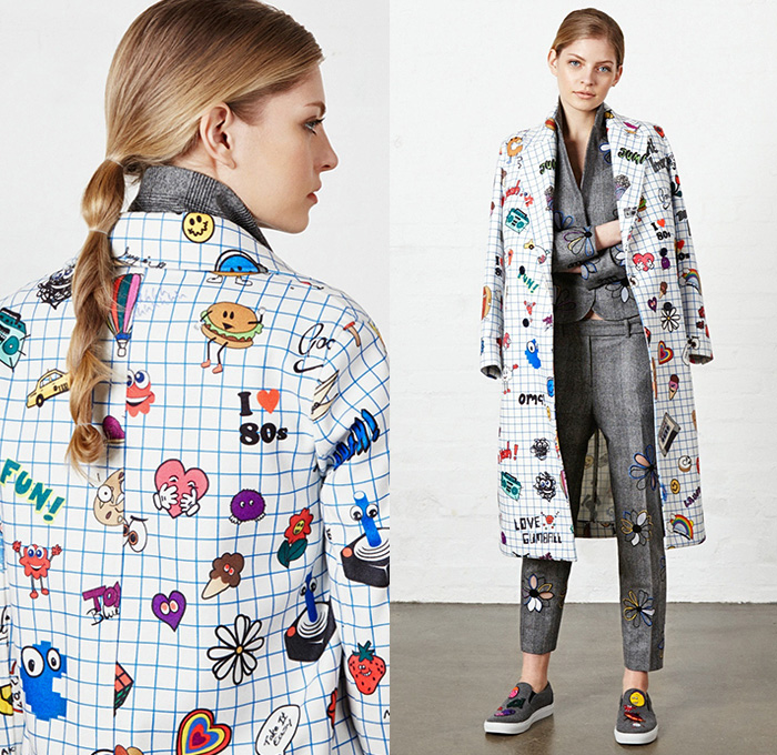 Mira Mikati 2015-2016 Fall Autumn Winter Womens Lookbook Presentation - Denim Jeans Pop Art Embroidery Patches Cartoon Flowers Drawstring Bomber Jacket Eyes Flag Sneakers Cartoon Faces Outerwear Coat Blazer Knit Sweater Jumper Turtleneck Clip Art Grid Windowpane Check Ice Cream Joystick Hearts Pantsuit Flowers Florals Botanical Print Graphic Pattern Skirt Frock Shirt Dress Stripes Pixels Laugh Leather