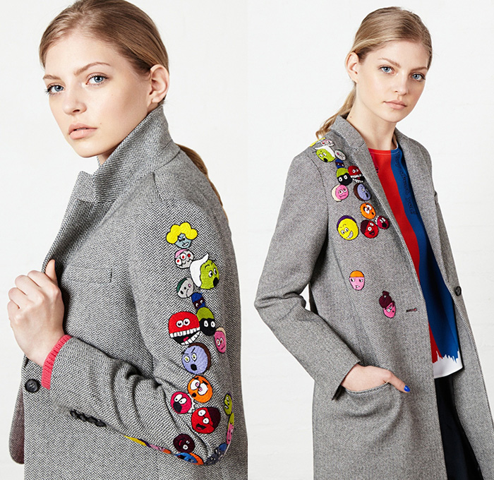 Mira Mikati 2015-2016 Fall Autumn Winter Womens Lookbook Presentation - Denim Jeans Pop Art Embroidery Patches Cartoon Flowers Drawstring Bomber Jacket Eyes Flag Sneakers Cartoon Faces Outerwear Coat Blazer Knit Sweater Jumper Turtleneck Clip Art Grid Windowpane Check Ice Cream Joystick Hearts Pantsuit Flowers Florals Botanical Print Graphic Pattern Skirt Frock Shirt Dress Stripes Pixels Laugh Leather